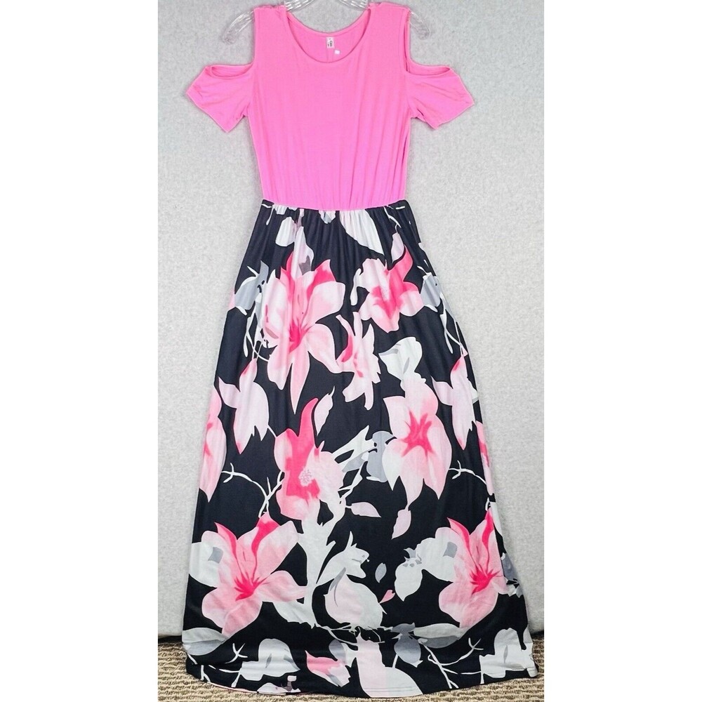 Kancystore Maxi Dress Womens Small Pink Black Floral Cold Shoulder Boho Summer - Picture 5 of 15